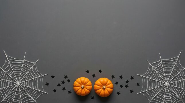 Two small orange pumpkins surrounded by spider webs and black confetti on a dark grey background