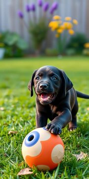 Young Labrador puppy plays with ball in backyard lawn, ||puppy, labrador