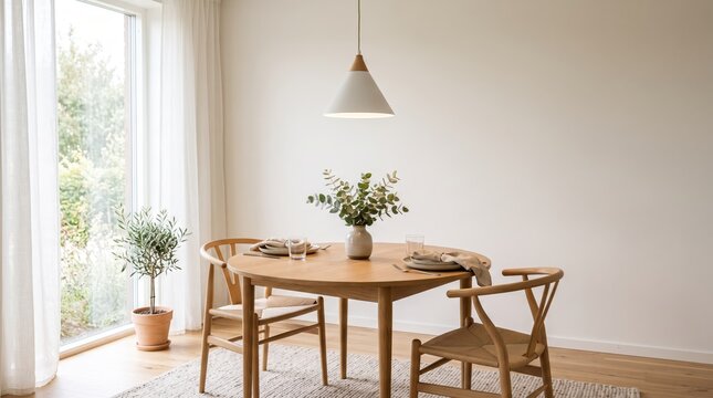 Bright Scandinavian style dining room interior featuring round wooden table with wishbone chairs, pendant lamp, potted plants and table setting near large window with sheer