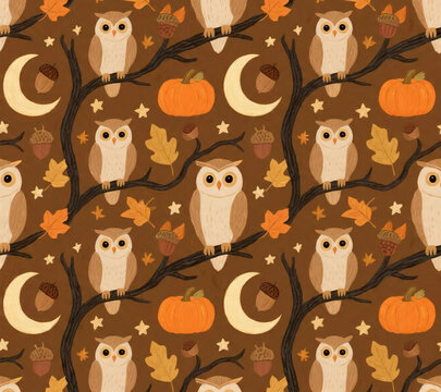 seamless pattern with owls in brown background