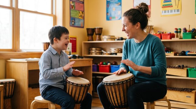 Woman teacher and boy with down syndrome playing djembe drums together in music classroom. Child development through drumming and rhythm. Music therapy and inclusive education concept.