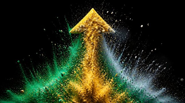 Vibrant yellow green and blue powder explosion arrow shape.