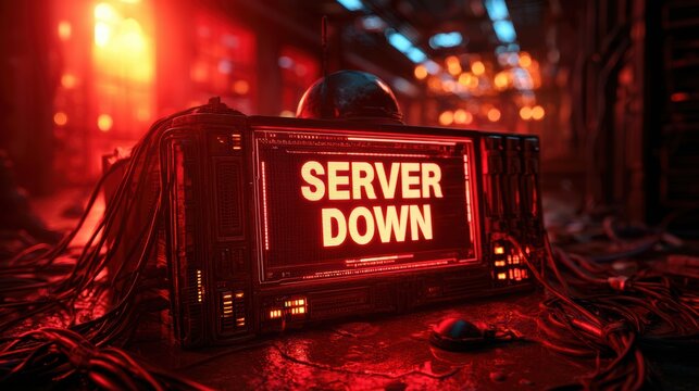A dark, futuristic server unit displays a glowing "SERVER DOWN" warning amid tangled cables in a dimly lit, high-tech environment.