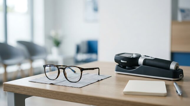 Professional ophthalmoscope and eyeglasses resting on a wooden desk in a modern optometry clinic.