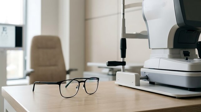 Modern eyeglasses resting on a table in a professional optometrist eye clinic office.