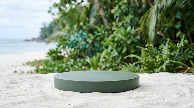 Green round display pedestal on white sandy beach. Tropical foliage background. Minimalist product showcase stand for marketing design. Eco-friendly natural setting mockup.