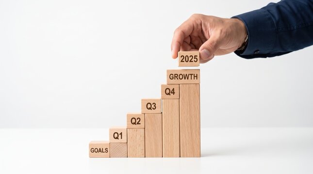 Hand placing wooden block labeled 2025 on top of staircase structure representing goals, quarterly progress, and business growth strategy, symbolizing step by step success