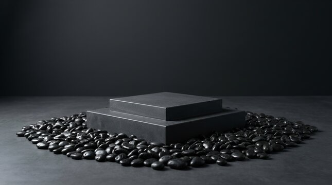 Exclusive dark geometric product display podium, black stone pebble spilling arrangement, moody elegant stage background mockup for jewelry and perfume