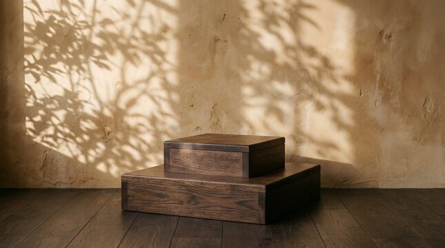 Rustic wooden podiums on aged wall with leaf shadows. Natural sunlight casting organic patterns. Minimalist display stand for cosmetics or jewelry. Concept of natural beauty and wellness. Warm