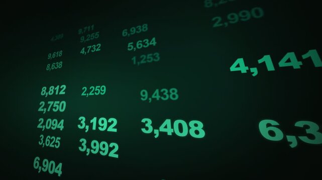 Glowing green financial numbers scrolling on a dark background. 4K Video