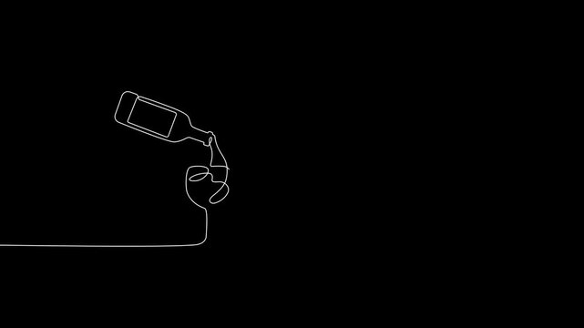 one line drawing animation of pouring wine in an elegant minimalist style in black background