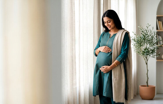 Happy Pregnant Woman Holding Her Belly at Home