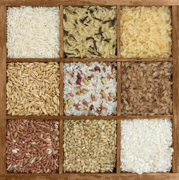 Assorted rices in wooden box