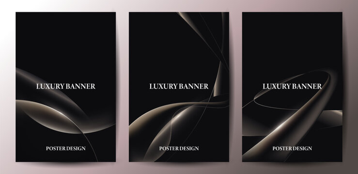 Luxury Dark Abstract Banner with Elegant Golden Ribbon Waves