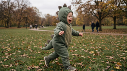 Fototapeta premium Toddler in dinosaur costume running through an autumn park