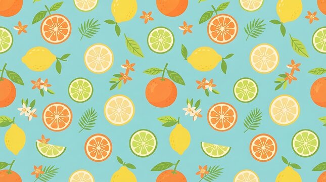 eamless repeating surface pattern inspired by a cheerful tropical citrus summer