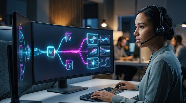 A focused woman collaborates with advanced technology in a modern office using multiple screens for data processing.