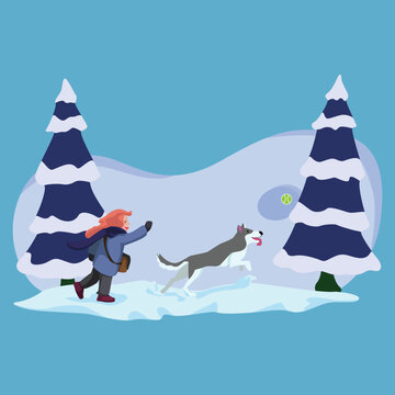 A cheerful woman in a blue coat throws a tennis ball for her husky dog in a snowy winter forest with pine trees.