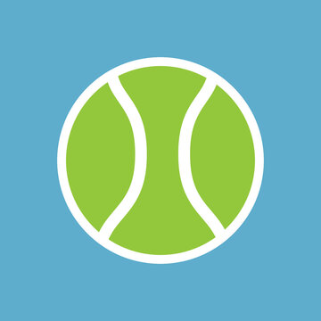 A bright green tennis ball icon with white seams on a blue background, flat design style.