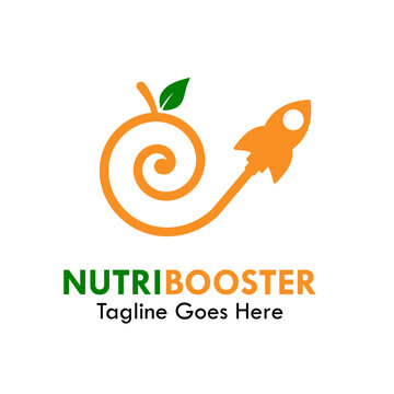 Dynamic nutrition booster logo template with an orange fruit shape launching like a rocket, perfect for healthy food, energy supplements, diet apps, and organic brands.