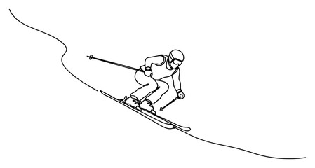 Alpine skier racing downhill in tuck position continuous line art minimalist vector illustration of winter mountain sport and speed competition © ----WWWLINE----