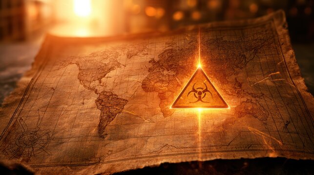 An old world map with a glowing biohazard symbol centered, highlighting global risk and contamination themes in a dramatic, fiery setting.