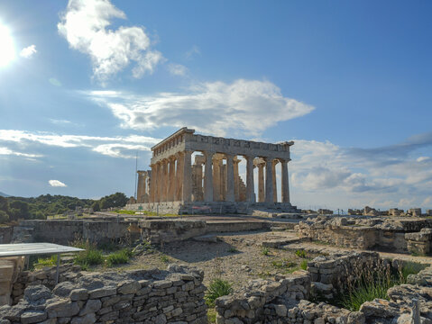 Aegina, Greece - February 25, 2025: Aphaia Temple on the coast cliff of Aegina Island in Greece