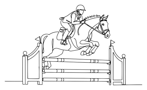 Continuous line drawing of a horse jumping over a hurdle with a rider, equestrian sport show jumping minimalist vector illustration, competition and horse riding concept