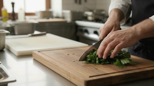 A chef's hands meticulously chopping fresh green herbs on a wooden board in a professional kitchen setting.