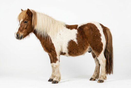 Adorable Brown and White Shetland Pony Standing in Profile Isolated on White Background