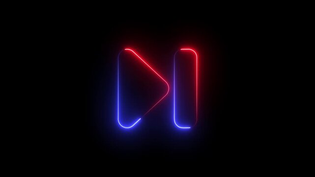 glowing red skip forward icon animation with neon media control symbol on black background,modern neon forward navigation symbol on black background,fast forward media symbol with luminous light effec