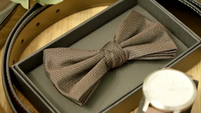 Close-up of an elegant patterned bow tie placed inside a presentation box, prepared as part of the groom's wedding attire. A stylish detail of wedding preparations and formal menswear