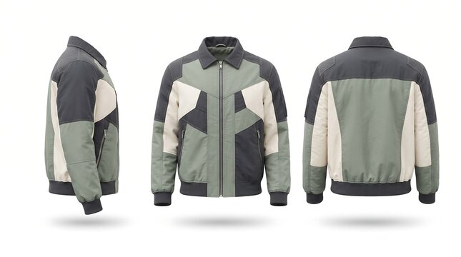 Color-block zip-up jacket mockup template featuring front, back, and side views isolated on a white background.