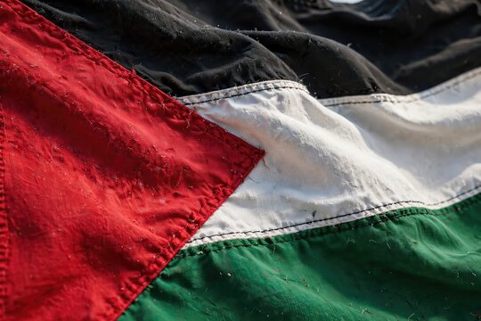 Close-up of the Palestinian flag fabric with detailed texture.