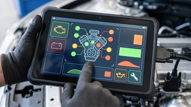 Auto mechanic with gloves holding tablet with engine diagnostic software checking car computer system. Vehicle computer diagnostics and digital repair technology in auto