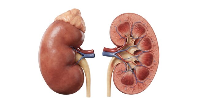 Human kidney anatomy and cross section 3D medical illustration