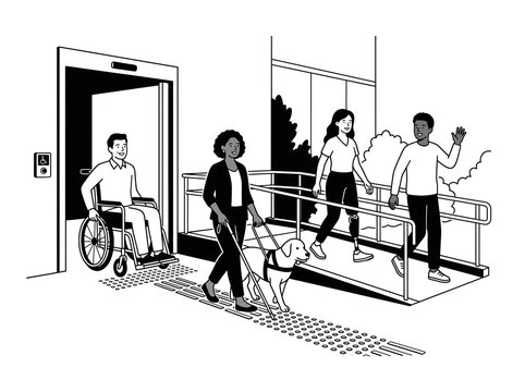 Accessible building entrance with wheelchair user and people with service dog vector