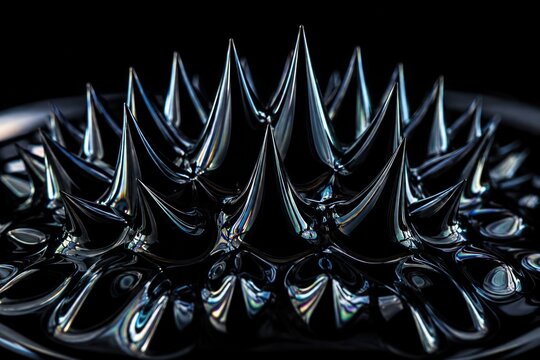 Macro Close Up of Glossy Black Ferrofluid Spikes Forming Under Magnetic Field