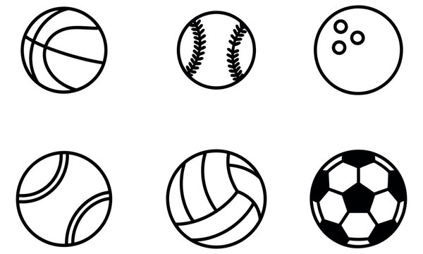 Set of black and white sports ball icons including basketball baseball bowling and soccer ball.
