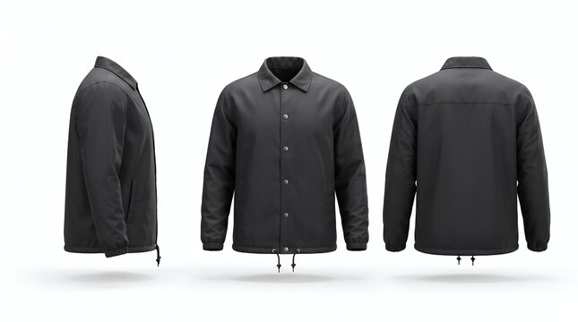 Blank black coach jacket mockup template featuring front, back, and side views isolated on a white background
