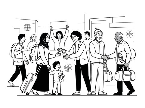 Volunteers greeting refugees and travelers at an arrival terminal with support and supplies