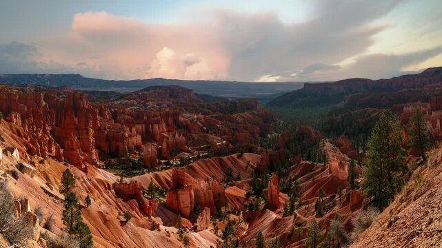 Time lapse of thunderstorm sky with rolling clouds over orange rock formations in Bryce Canyon. Utah, USA
