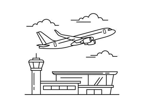 Airplane taking off from airport terminal building, simple line art vector illustration.