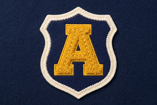 Yellow letter A embroidered patch on a navy blue shield background. Classic varsity college style emblem perfect for jacket or backpack decoration.