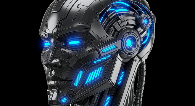 Futuristic robot head with glowing blue eyes and metallic details on black background.