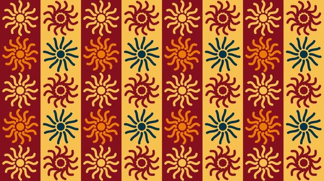 Traditional Ethnic Sun Pattern Background Loop with Red and Yellow Vertical Stripes