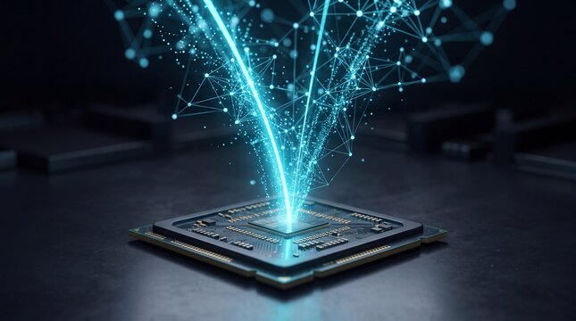 Futuristic microchip with glowing data streams symbolizing advanced computing and innovation.