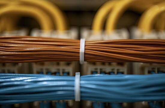 Close-up of organized network cables in a data center.