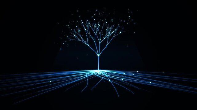 Blue neon light trails on dark background, with glowing tree