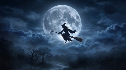 Fototapeta premium Silhouette of a witch flying on a broomstick against a giant full moon in a cloudy night sky